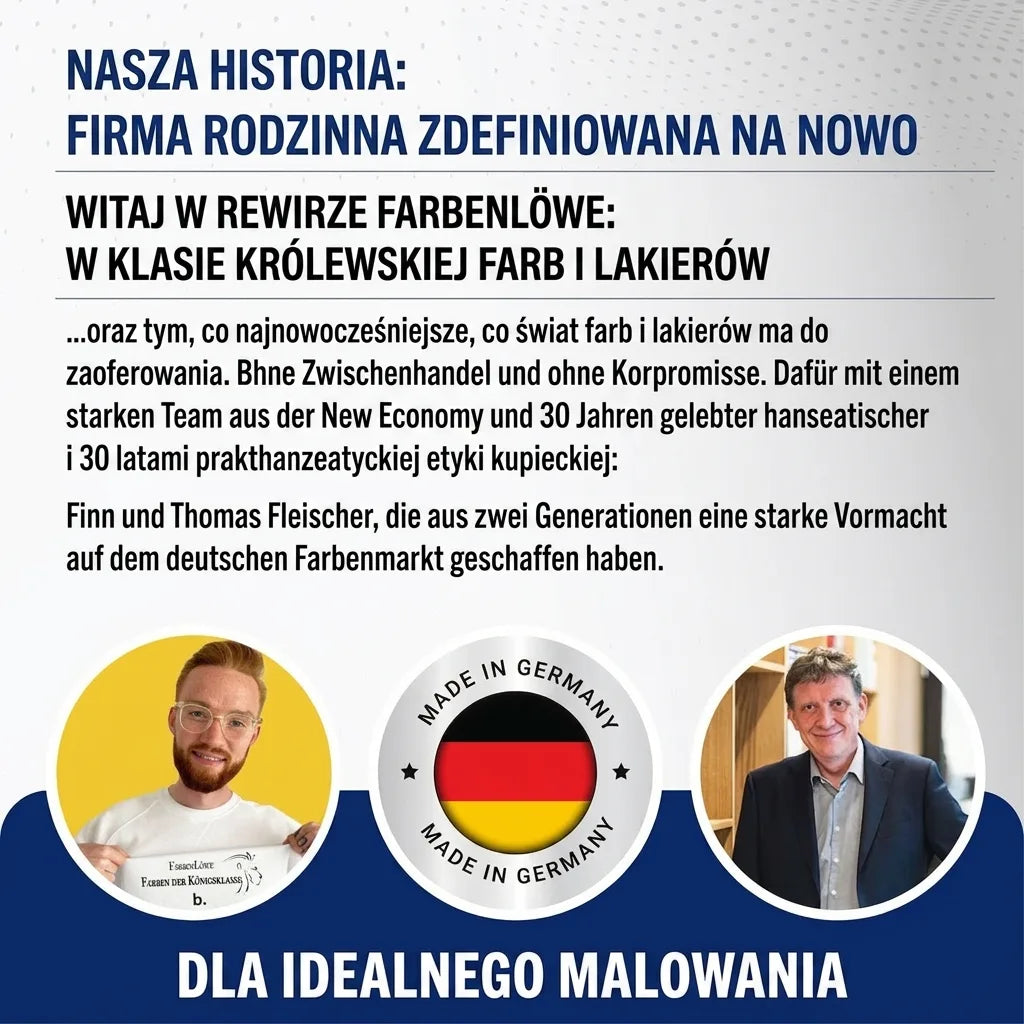 Niemiecka firma rodzinna Farbenlöwe: farby i lakiery najwyższej klasy. Dwóch mężczyzn, logo Made in Germany.