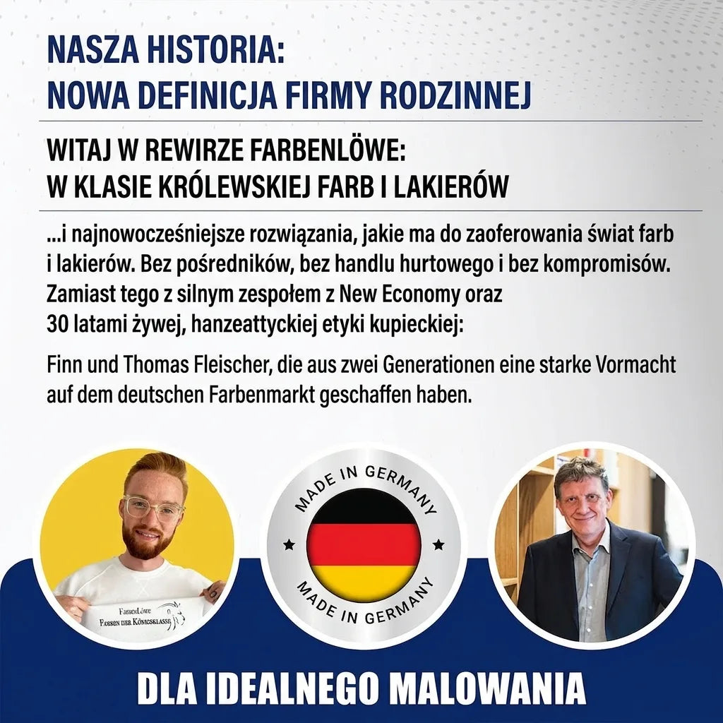 Niemiecki tekst o firmie rodzinnej Fleischer i farbach premium, z wizerunkami Finna i Thomasa oraz logo 'Made in Germany'.