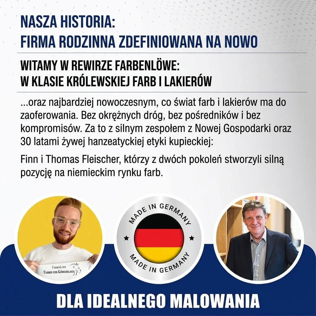 Niemiecka grafika Farbenlöwe: firma rodzinna z farbami i lakierami premium, "Made in Germany", z założycielami.