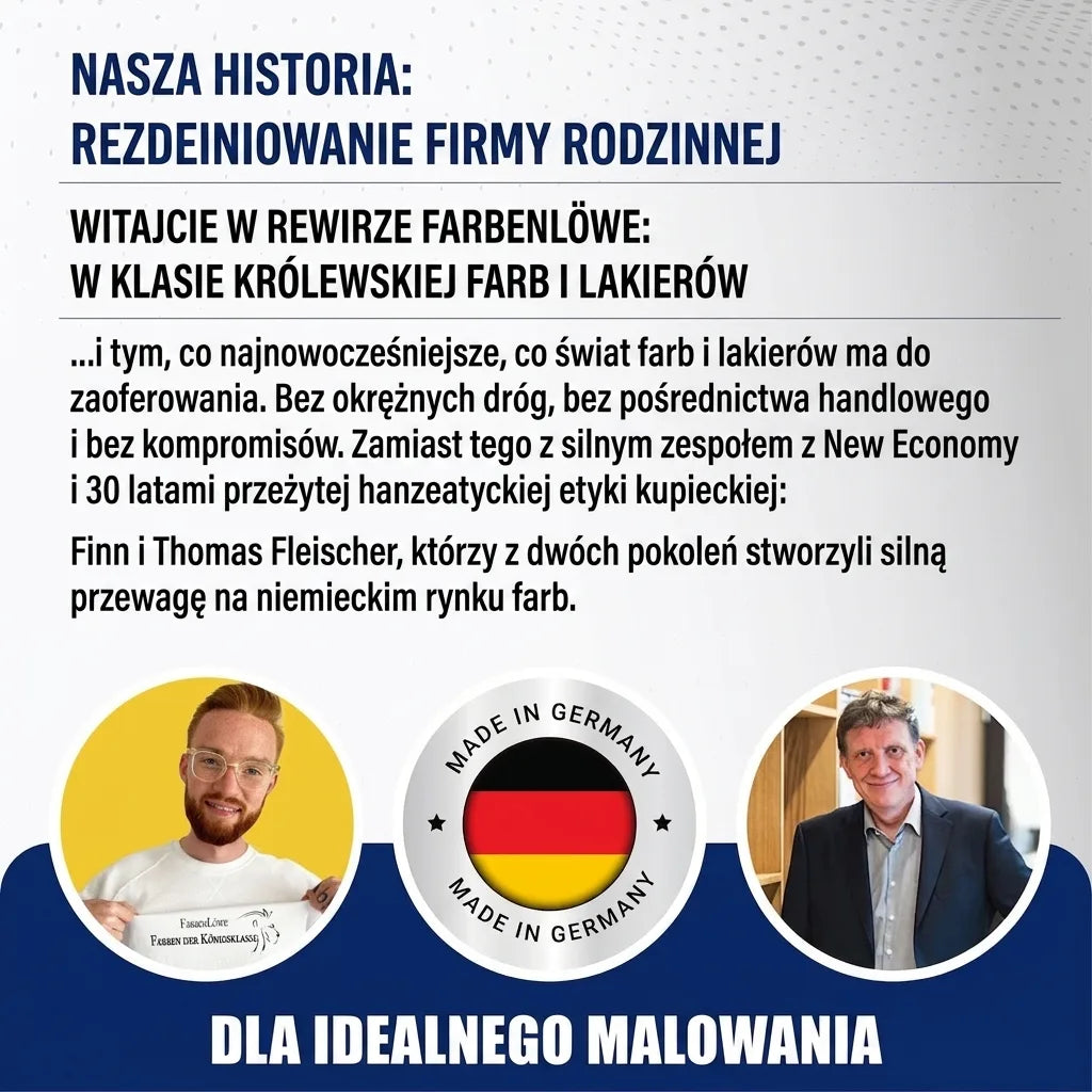 Farbenlöwe: rodzinna firma redefiniuje farby i lakiery. Wizerunki założycieli, pieczęć Made in Germany.