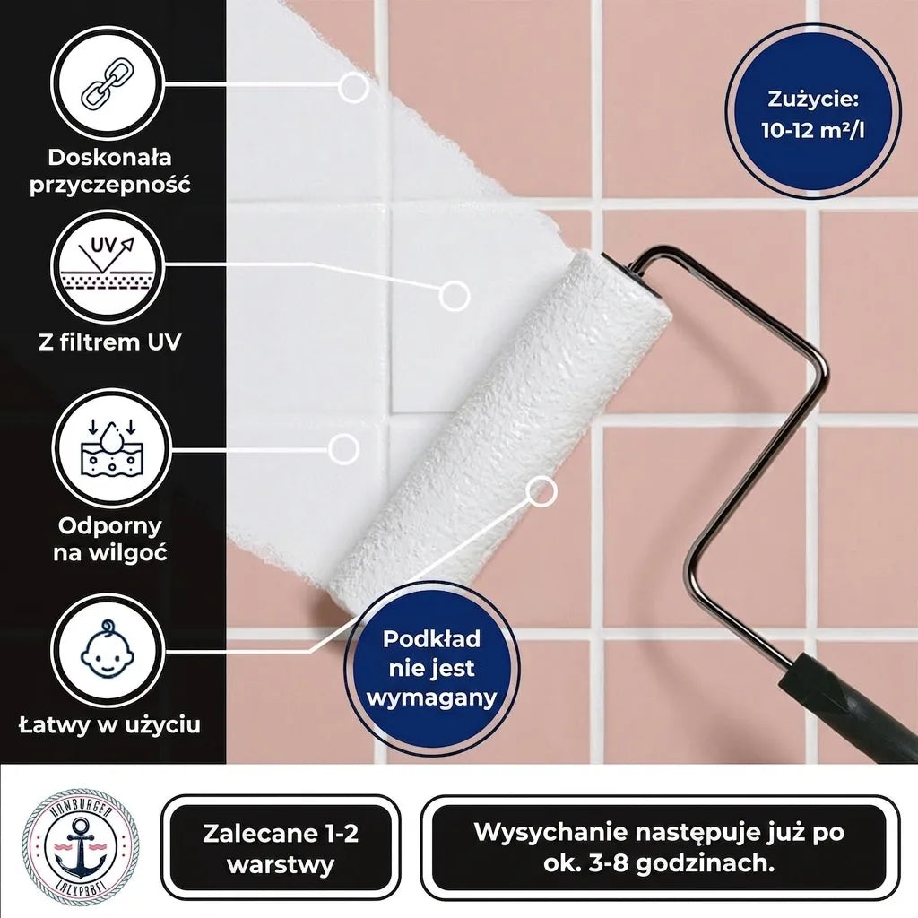 Farba do płytek: dosk. przyczepność, ochrona UV, odporna na wilgoć, łatwa aplikacja, bez podkładu, wydajność 10-12m²/l.