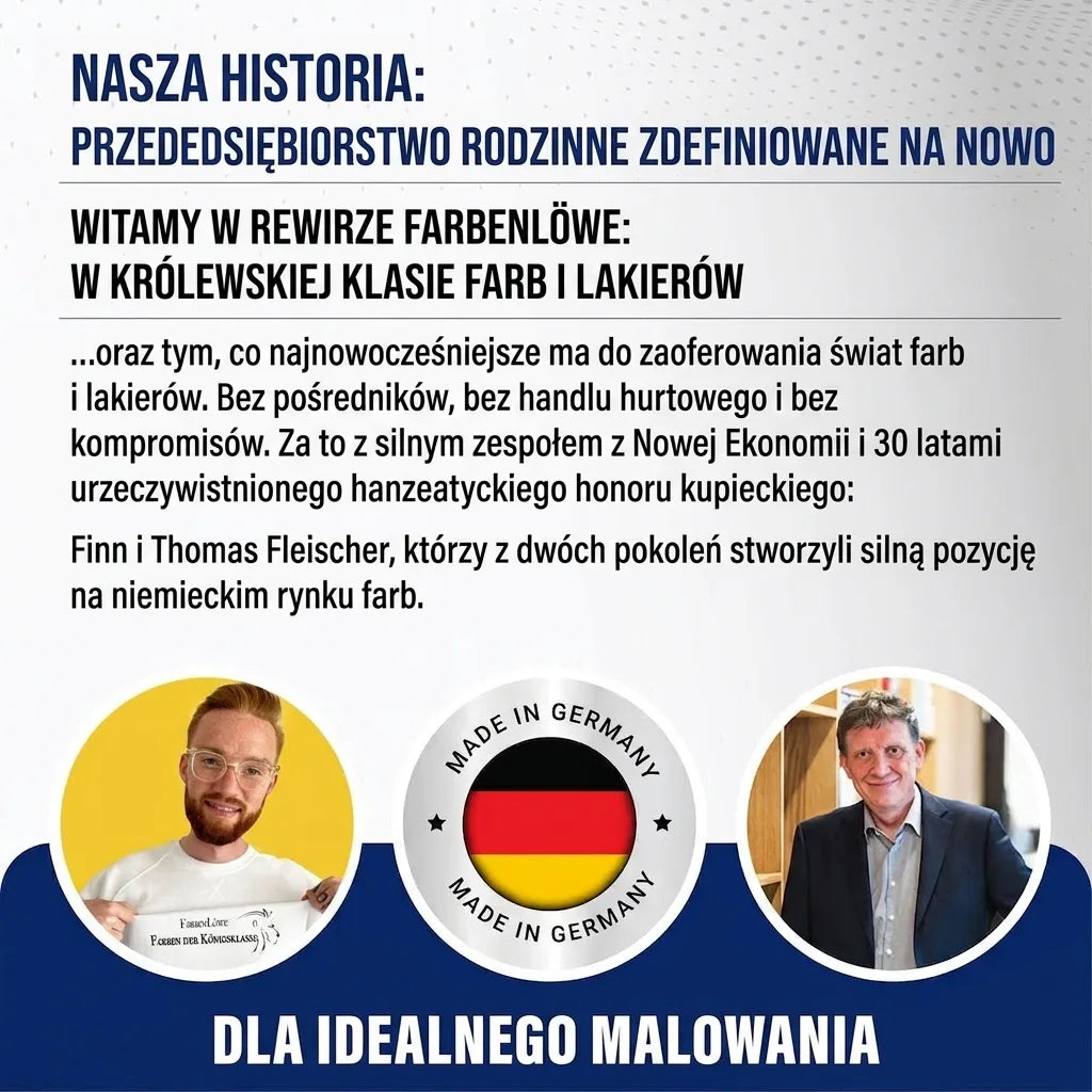 Tekst o historii niemieckiej firmy rodzinnej Farbenlöwe, redefiniującej rynek farb i lakierów, z portretami założycieli.