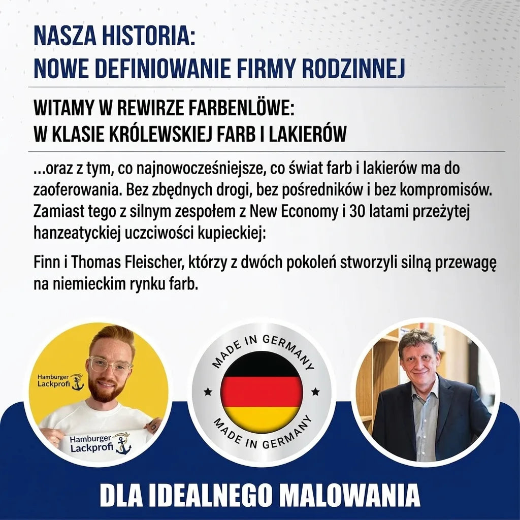 Niemiecka firma Farbenlöwe redefiniująca rynek farb. Portrety Finna i Thomasa Fleischera, plakietka „Made in Germany”.