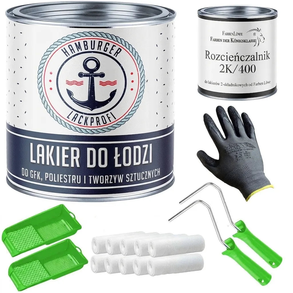 Zestaw do malowania: farba do łodzi Hamburger Lackprofi, rozcieńczalnik FarbenLöwe, wałki, kuwety, rękawice.