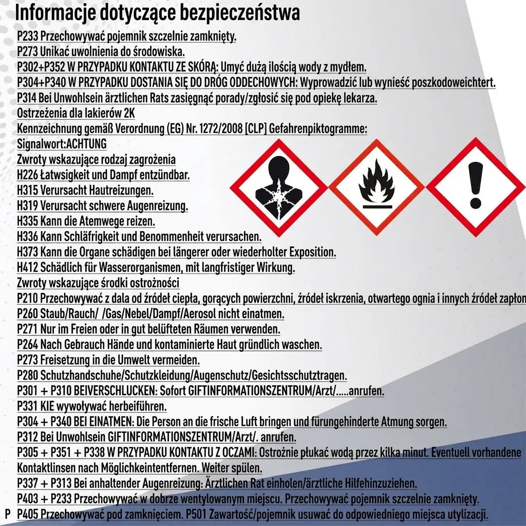 Niemieckie wskazówki bezpieczeństwa i piktogramy CLP dotyczące substancji chemicznych, w tym dla lakierów 2K.