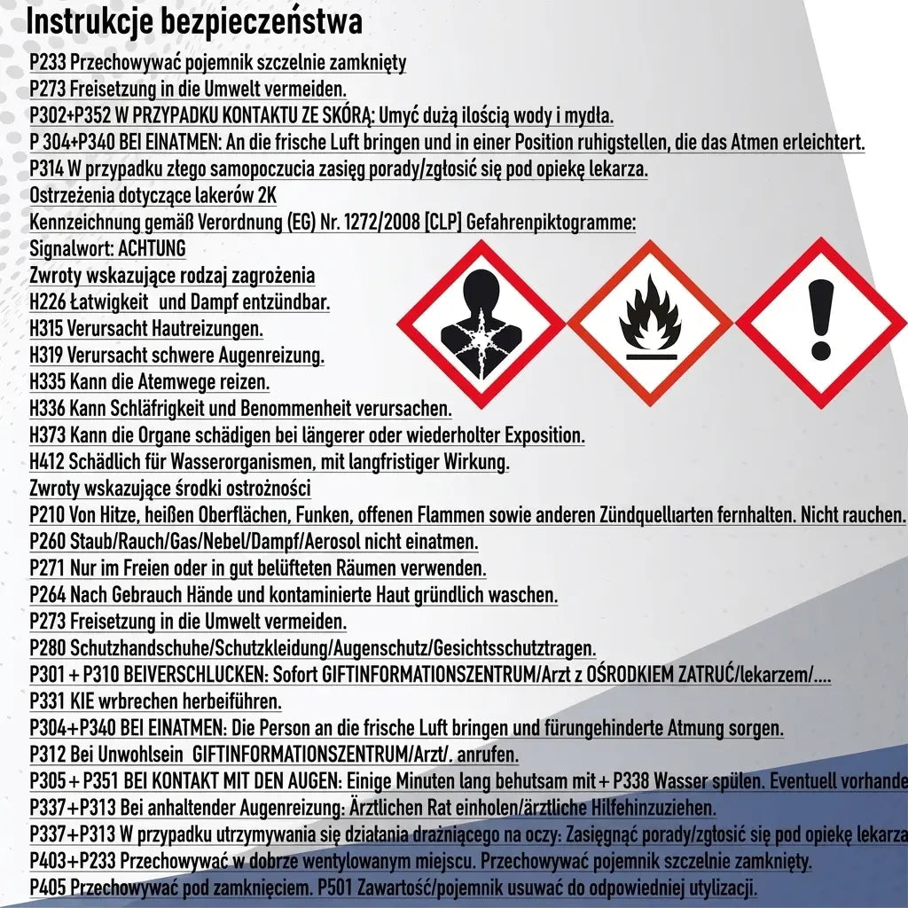 Instrukcje bezpieczeństwa produktu z niemieckim tekstem, piktogramami zagrożenia i wskazówkami ostrożności.