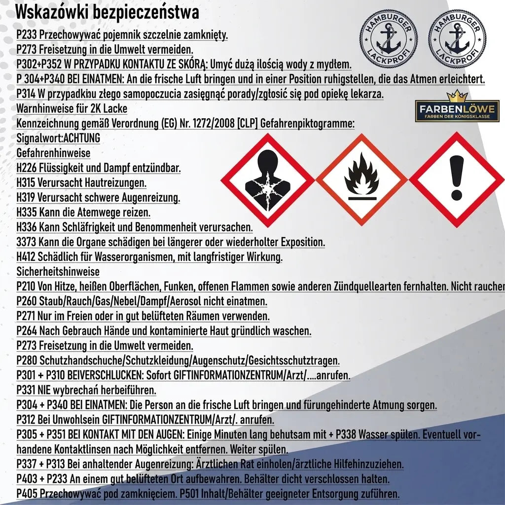 Niemieckie wskazówki bezpieczeństwa i piktogramy CLP dotyczące substancji chemicznych, w tym dla lakierów 2K.