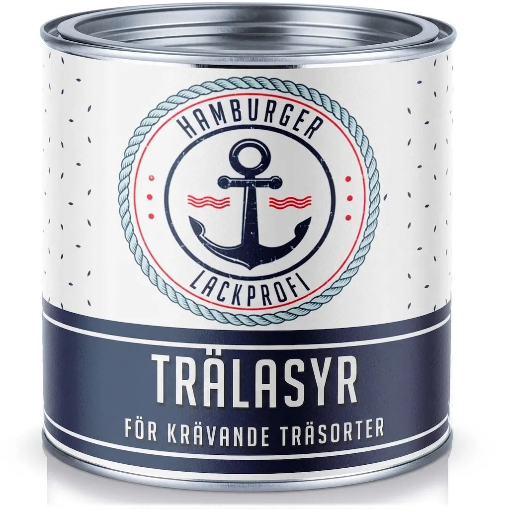 Vit och blå burk 'Hamburger Lackprofi' trälasyr, maritim design med ankare, för krävande trä.