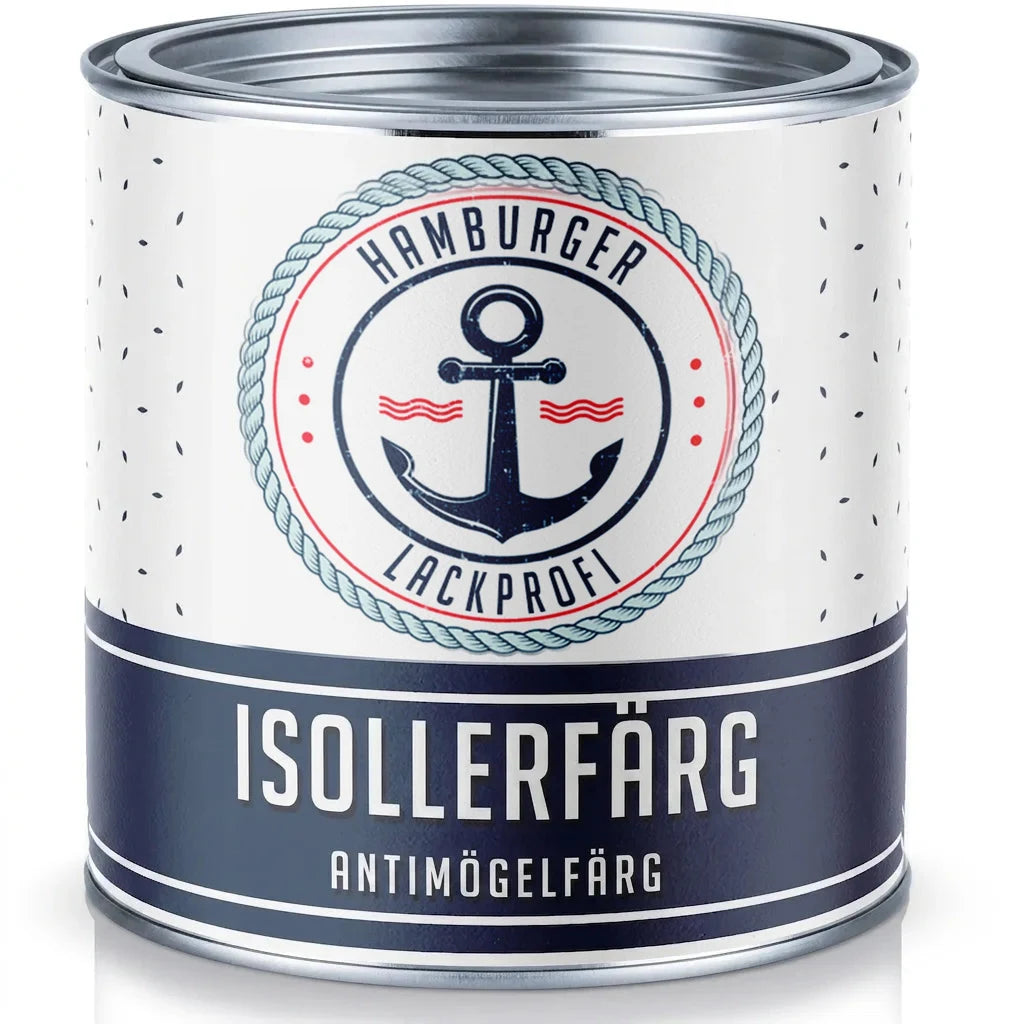 Vit färgburk med 'Hamburger Lackprofi' isoleringsfärg och antimögelfärg, med nautiskt ankar-emblem.