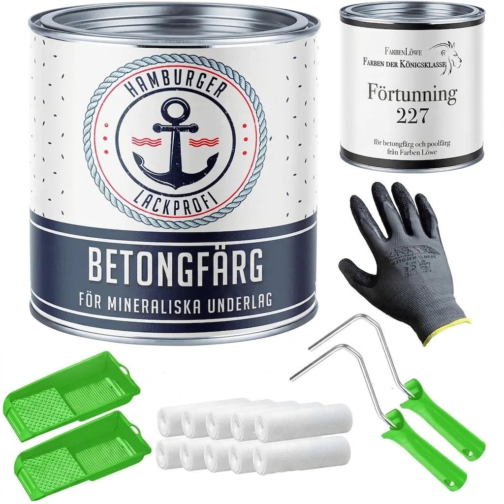 Kit med betongfärg, förtunning, målarroller, tråg och handskar för målning av mineralytor.
