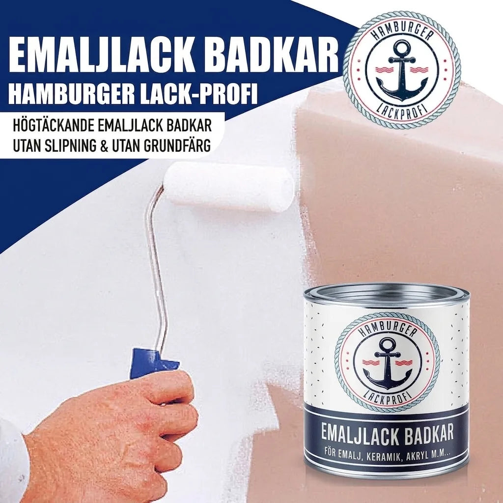 Badkarsfärg från Hamburger Lack-Profi appliceras på yta med roller. Produkten är för emalj, keramik, akryl.