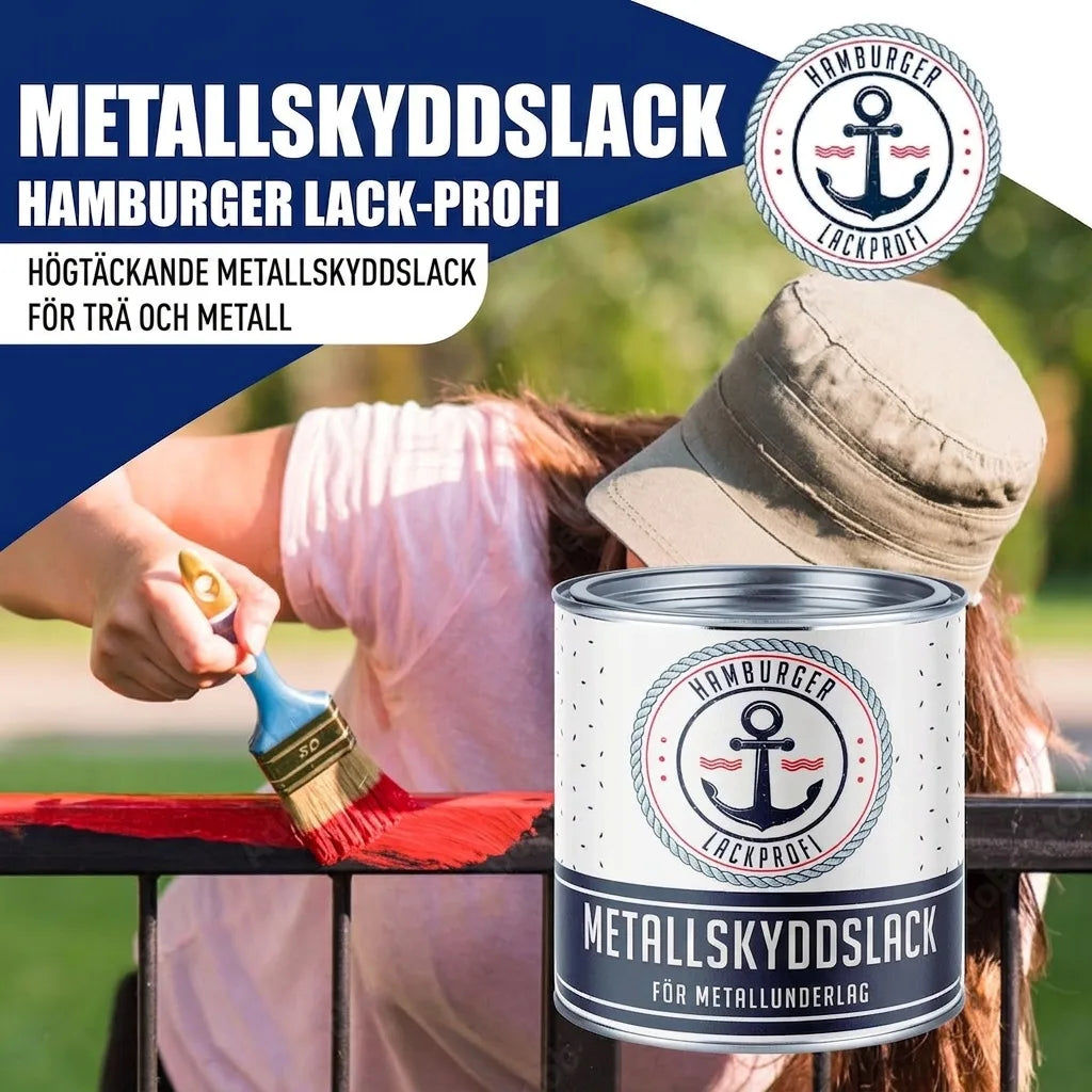 Person målar rött räcke med Hamburger Lack-Profi metallskyddslack, högtäckande för trä och metall.