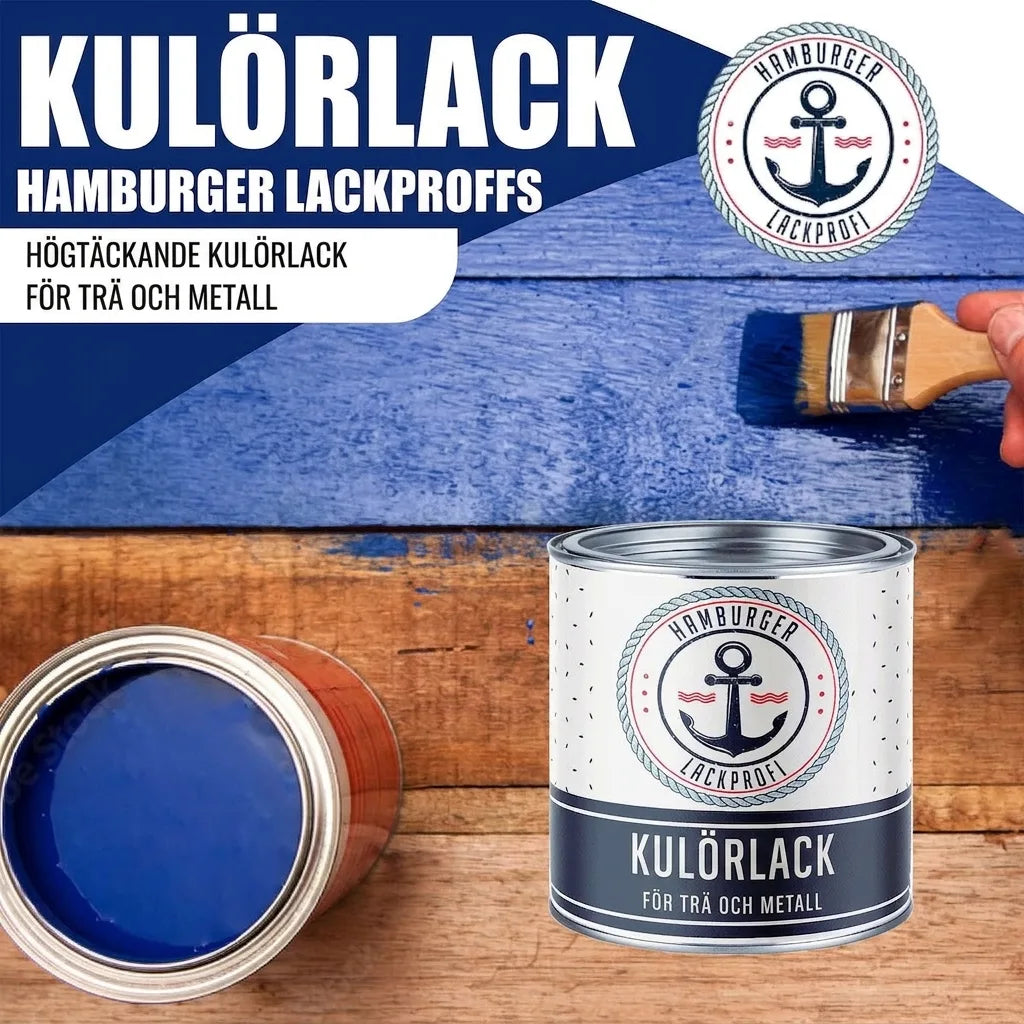 Person målar blått, burkar av Hamburger Lack-Profi högtäckande färglack för trä och metall.