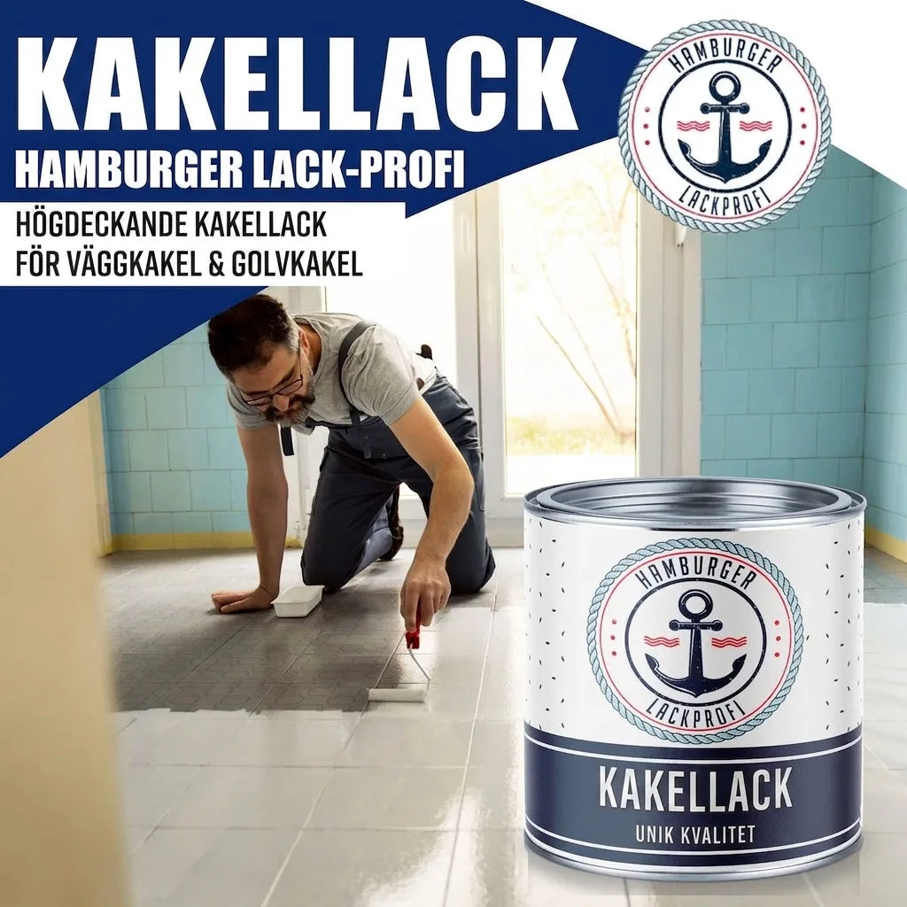 Person målar golvkakel vitt med Hamburg Lack-Profi kakelfärg. Högtäckande kakellack för vägg & golv.