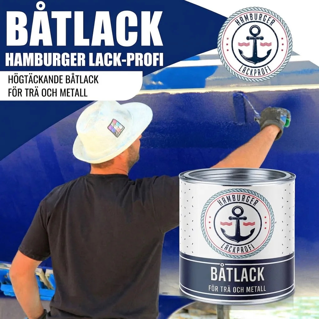 Man målar ett båtskrov med Hamburger Lack-Profi Bootslack. Burken med båtfärg för trä och metall syns i förgrunden.