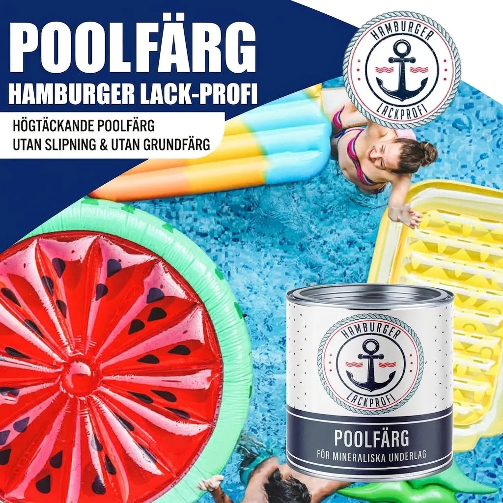 Poolfärg från Hamburger Lack-Profi. Högtäckande bassängfärg, utan slipning/grundfärg. Kvinna i pool med badleksaker.