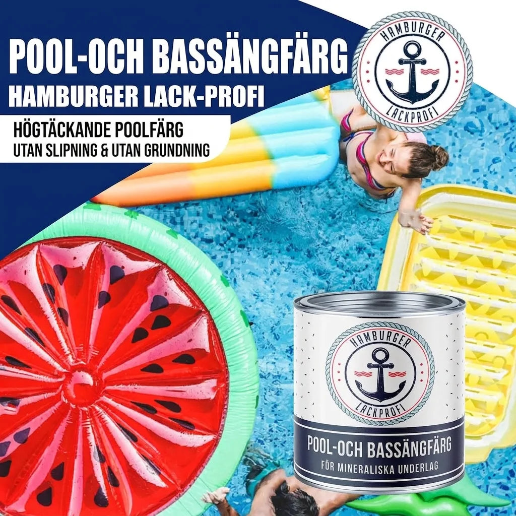 Poolfärg från Hamburger Lack-Profi. Högtäckande simbassängsfärg utan slipning & grundning för mineraliska underlag.