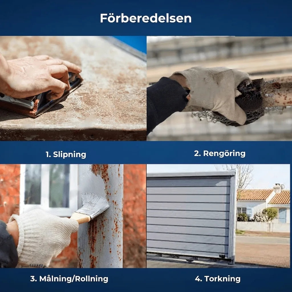 Förberedelse för målning: 1. Slipa, 2. Rengöra, 3. Måla, 4. Torka.