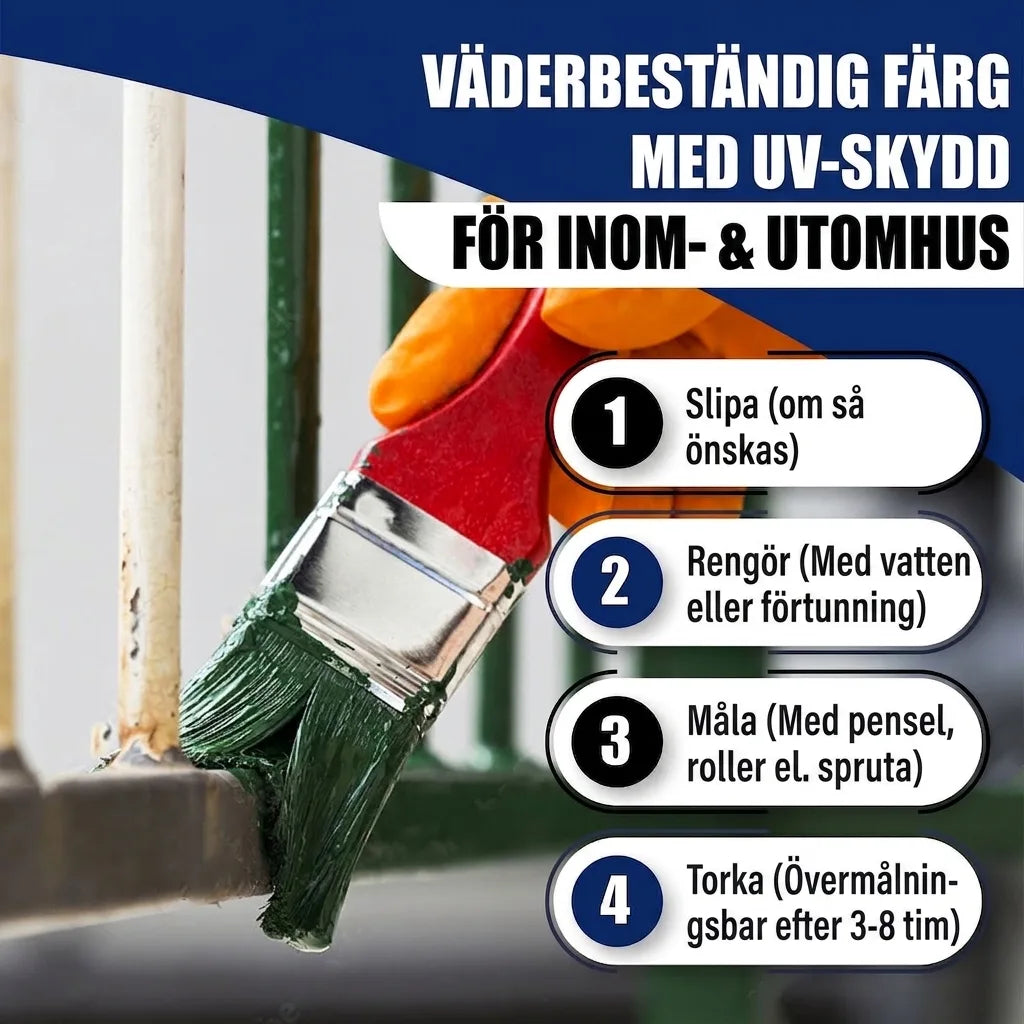 Bild på pensel som målar räcke. Väderbeständig färg med UV-skydd för inom- & utomhusbruk, med applikationsinstruktioner.