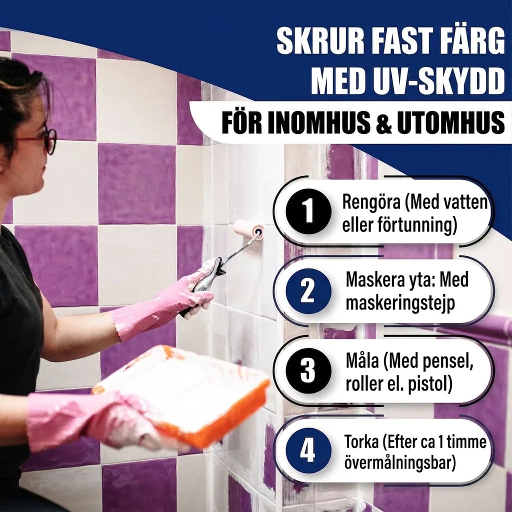 Kvinna målar kakel. Repbeständig färg med UV-skydd för inom-/utomhus. 4 steg: rengör, maskera, måla, torka.