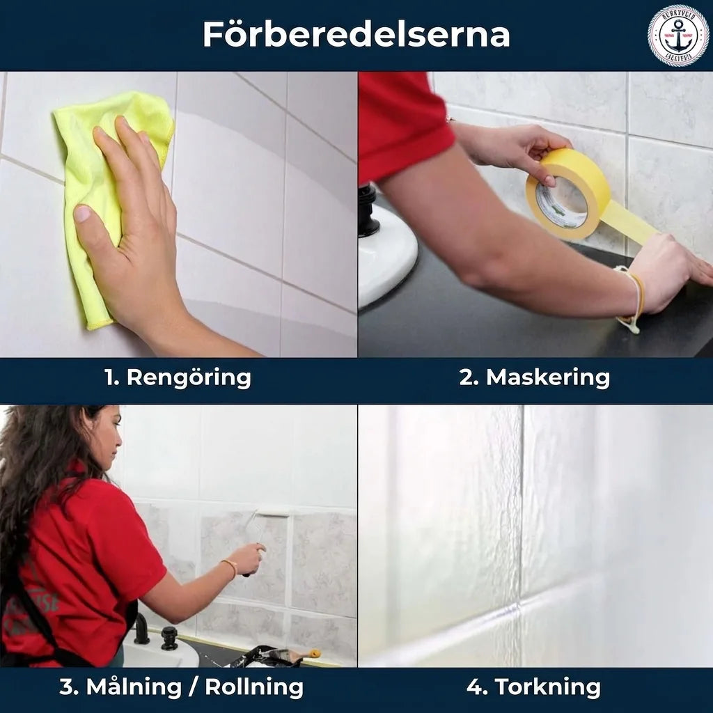 Steg-för-steg-instruktioner för att måla kakel: rengöring, maskering, målning och torkning.