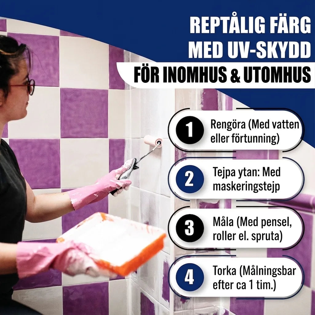 Kvinna målar kakel med repbeständig UV-färg för inomhus/utomhus. Inkluderar steg: rengör, maskera, måla, torka.