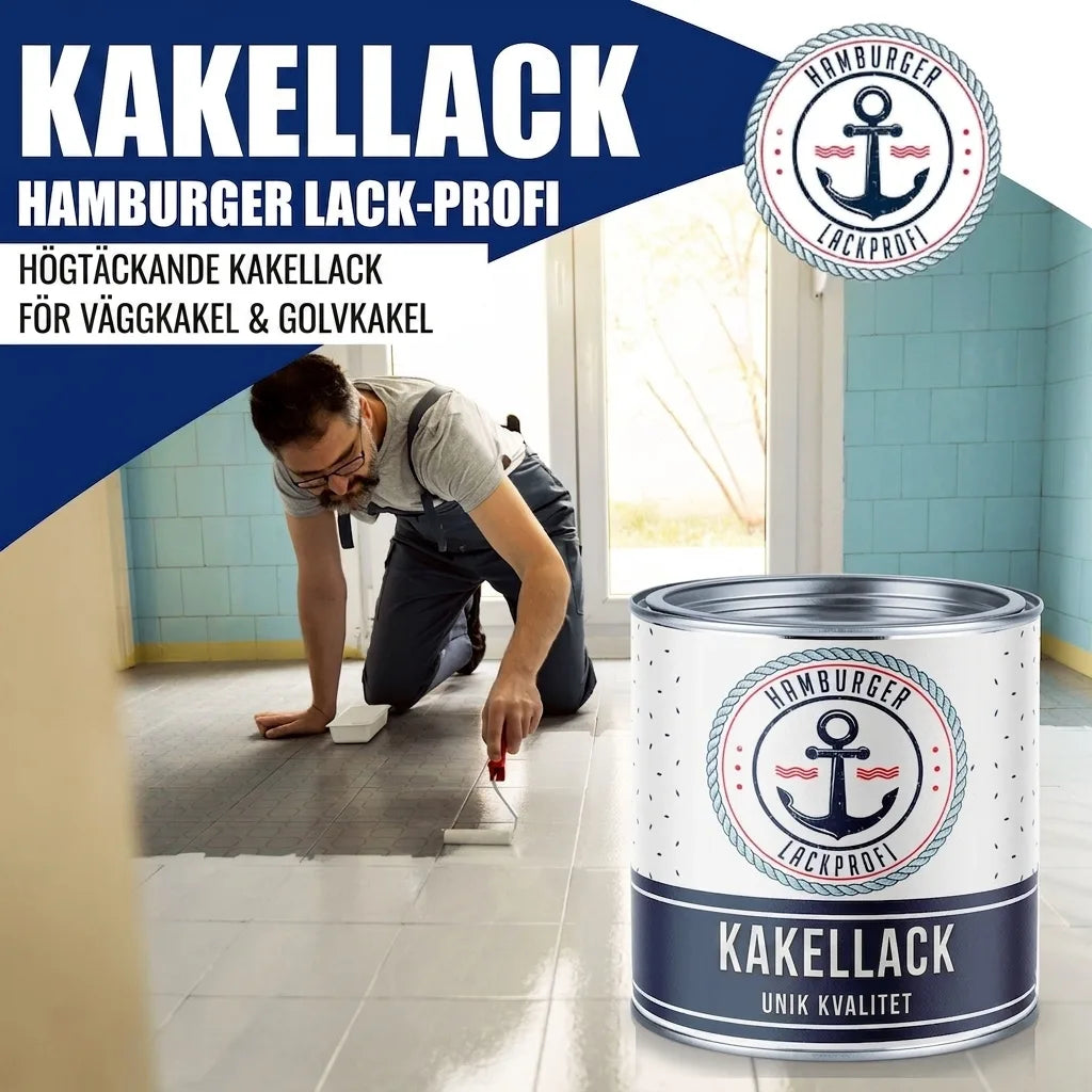 Man målar golv med kakellack. Högtäckande kakellack för vägg- och golvplattor från Hamburger Lack-Profi.
