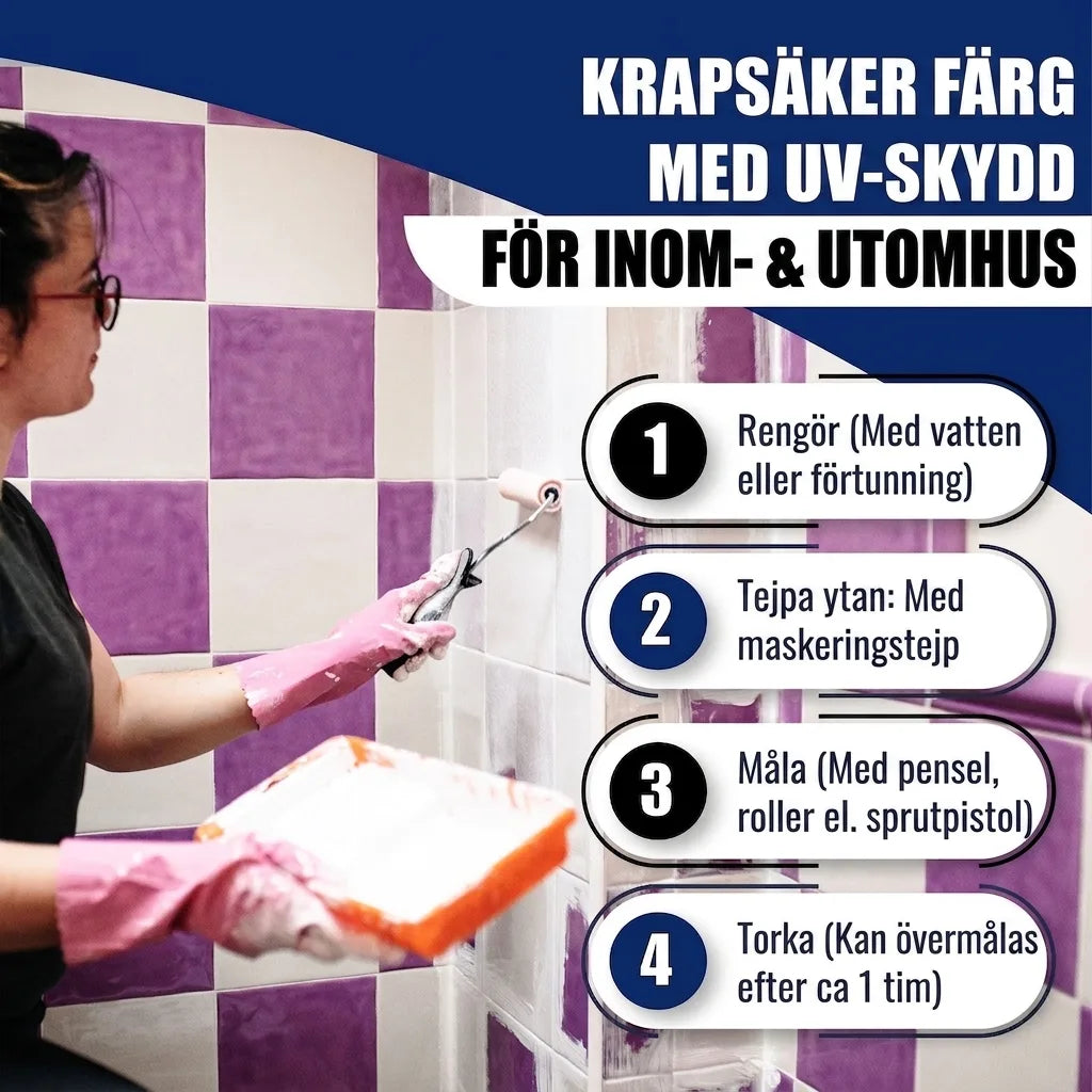 Repbeständig färg med UV-skydd för inom- och utomhusbruk. 4 steg: rengör, maskera, måla, torka.