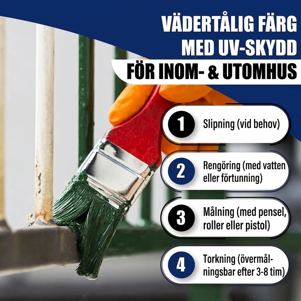 Bild på pensel som målar räcke. Väderbeständig färg med UV-skydd för inom- & utomhusbruk, med applikationsinstruktioner.