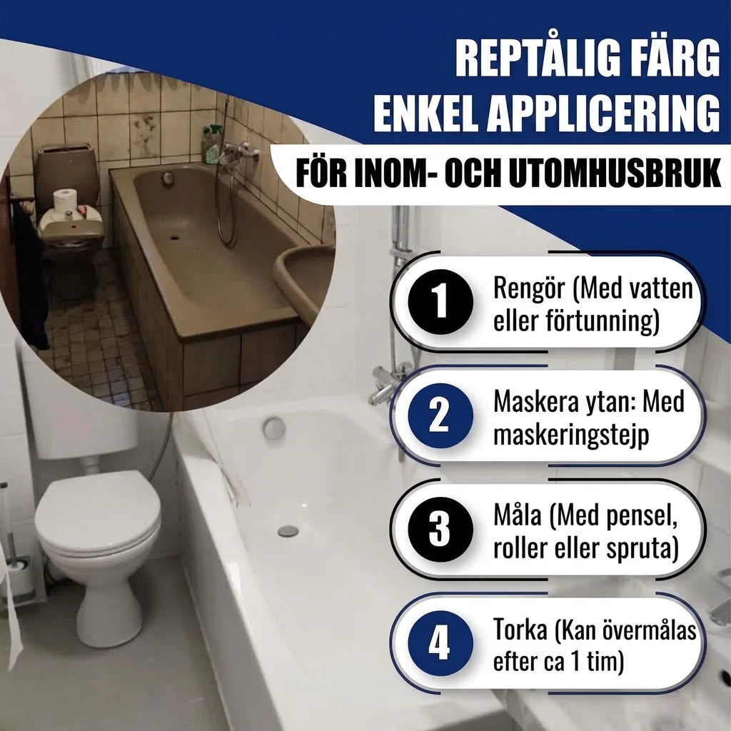 Renovera badkar enkelt med reptålig färg. Före/efter bild & steg-för-steg instruktioner för inomhus/utomhusbruk.