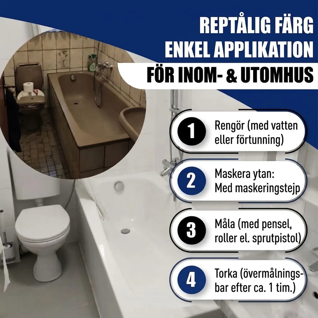 Före & efter badkarsmålning. Repsäker färg för inom- och utomhusbruk. Enkel applicering i 4 steg.