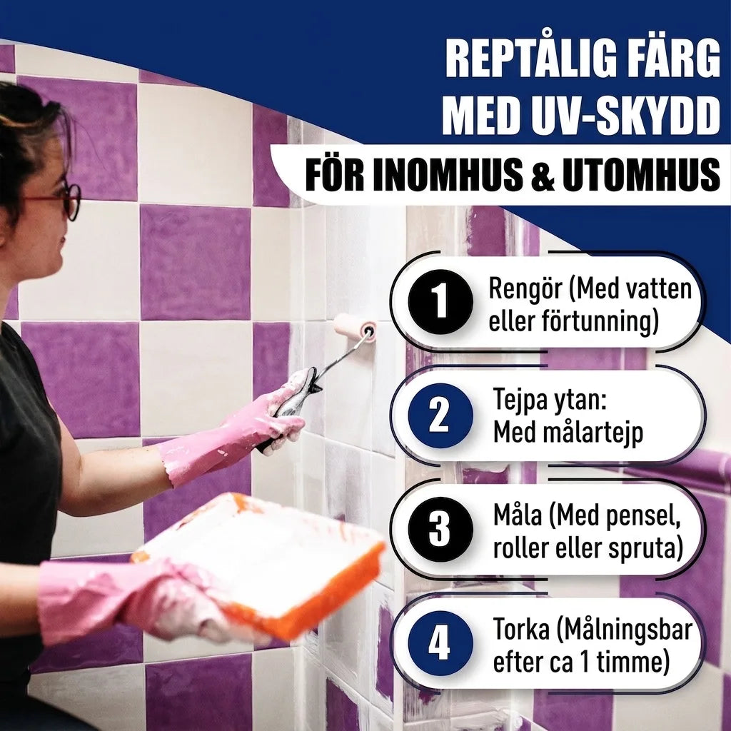Person målar kakel med reptålig färg. Bilden visar UV-skyddad färg för inom- & utomhusbruk, plus instruktioner.