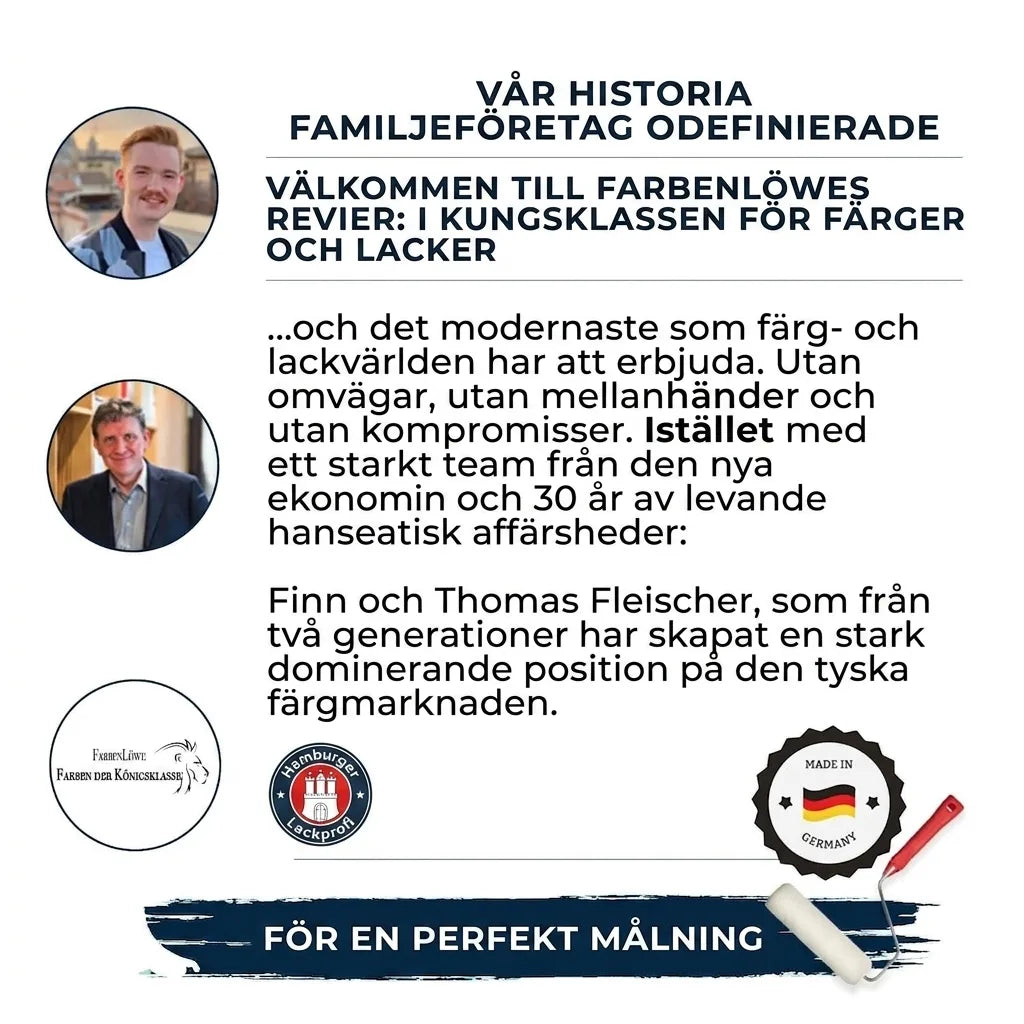 FarbenLöwe marknadsaffisch med porträtt av grundare, text om familjeföretaget, premiumfärger och "Made in Germany".