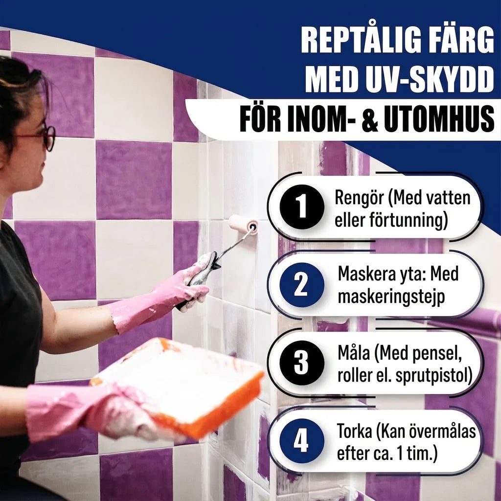 Person målar kakel med reptålig färg. Bilden visar UV-skyddad färg för inom- & utomhusbruk, plus instruktioner.