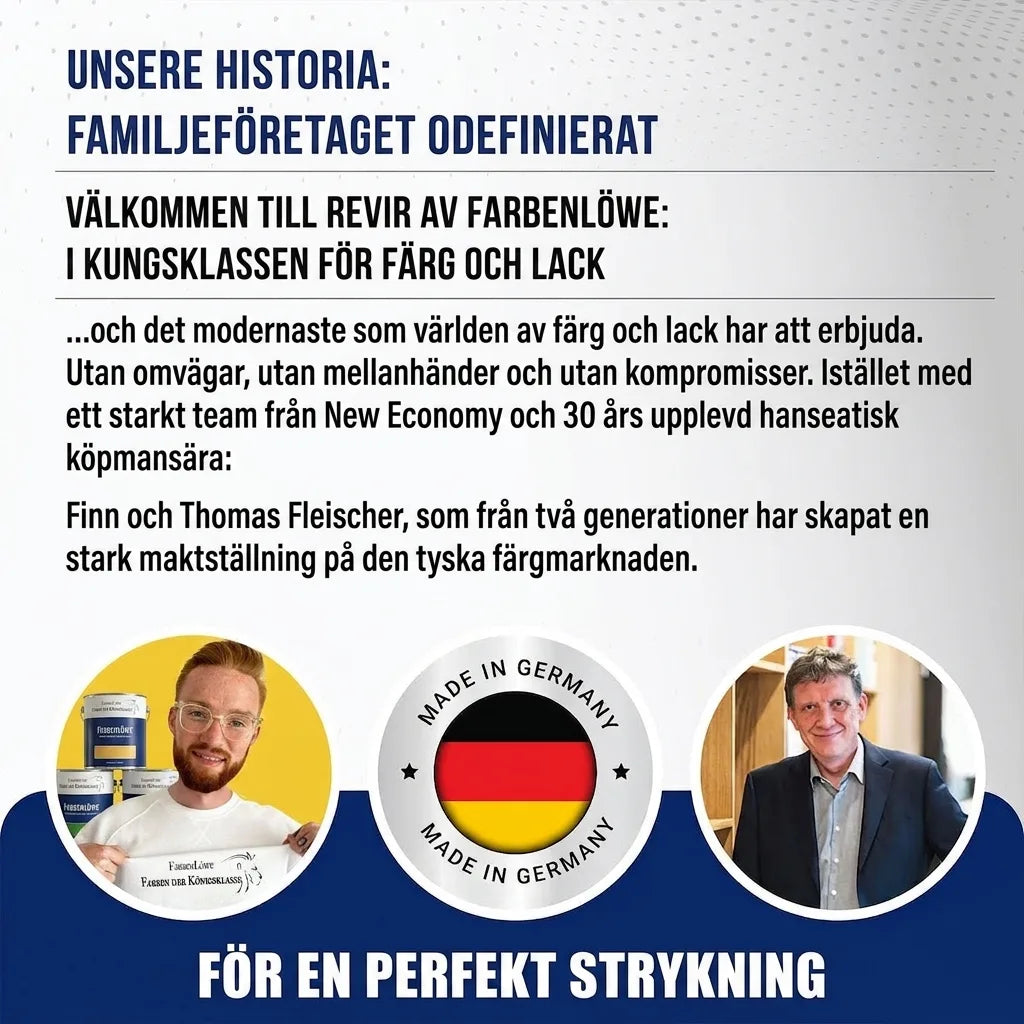 Informationsgrafik för Farbenlöwe: två män, familjeföretag, högkvalitativa tyska färger och lacker.