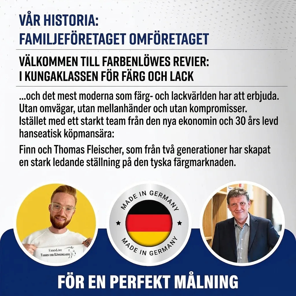 Tysk marknadsföring för färger. Text om familjeföretaget Farbenlöwe, premiumfärg & en perfekt målning. Made in Germany.