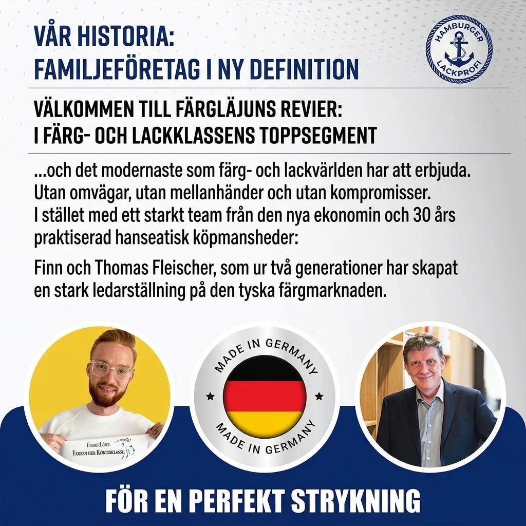 Tysk marknadsföring för färger. Text om familjeföretaget Farbenlöwe, premiumfärg & en perfekt målning. Made in Germany.