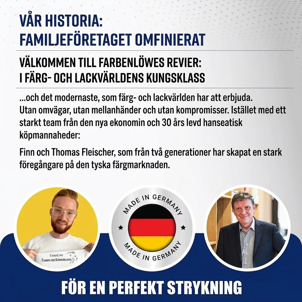 Informationsgrafik för Farbenlöwe: två män, familjeföretag, högkvalitativa tyska färger och lacker.