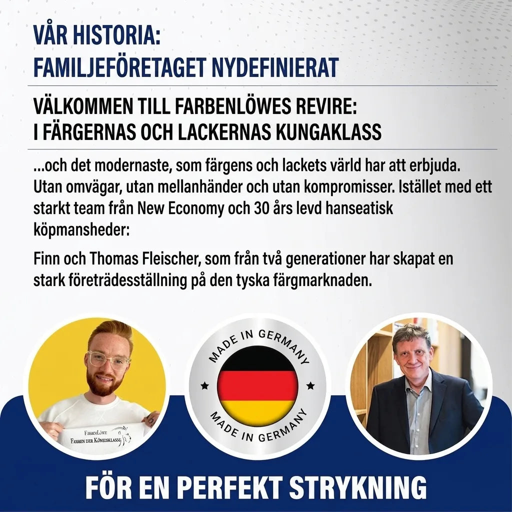 Bild med rubriker på tyska om familjeföretaget Farbenlöwe, medgrundare Finn & Thomas Fleischer och Made in Germany.