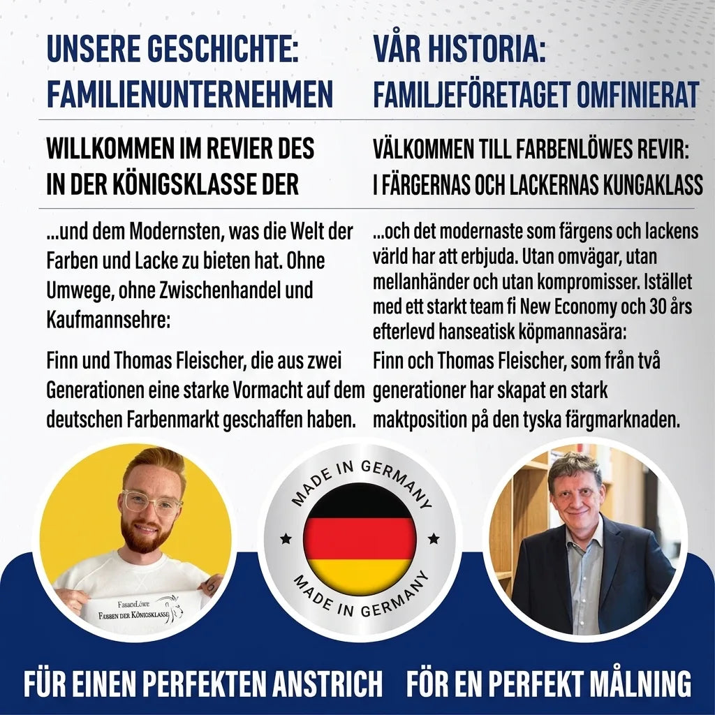 Finn och Thomas Fleischer, tyskt familjeföretag inom färg och lack. Betoning på 'Made in Germany' kvalitet.