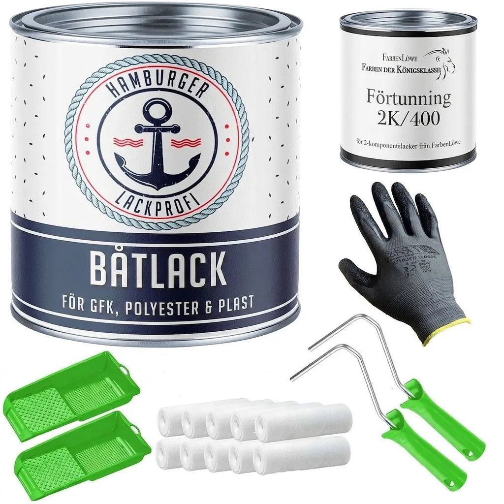 Båtlack-set med burk båtlack, förtunning, handskar, målarbrickor, målarrollers och rollbyglar.