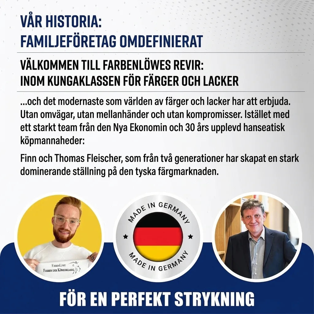 Tysk marknadsföringsbild för familjeföretaget Farbenlöwe som erbjuder premiumfärger och lacker, tillverkade i Tyskland.