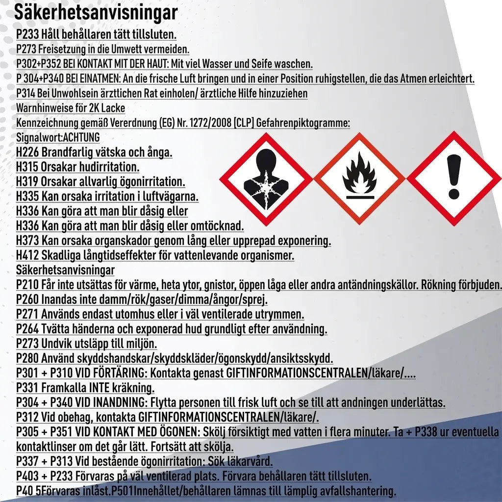 Tyska säkerhetsinstruktioner med faropiktogram och första hjälpen-råd för kemiska produkter.