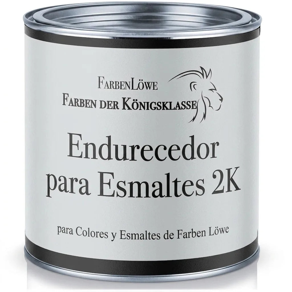 Envase de endurecedor para lacas 2K Farben Löwe, blanco, con tapa metálica. Para pinturas y lacas.