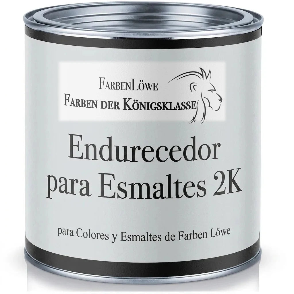 Envase de endurecedor para lacas 2K Farben Löwe, blanco, con tapa metálica. Para pinturas y lacas.