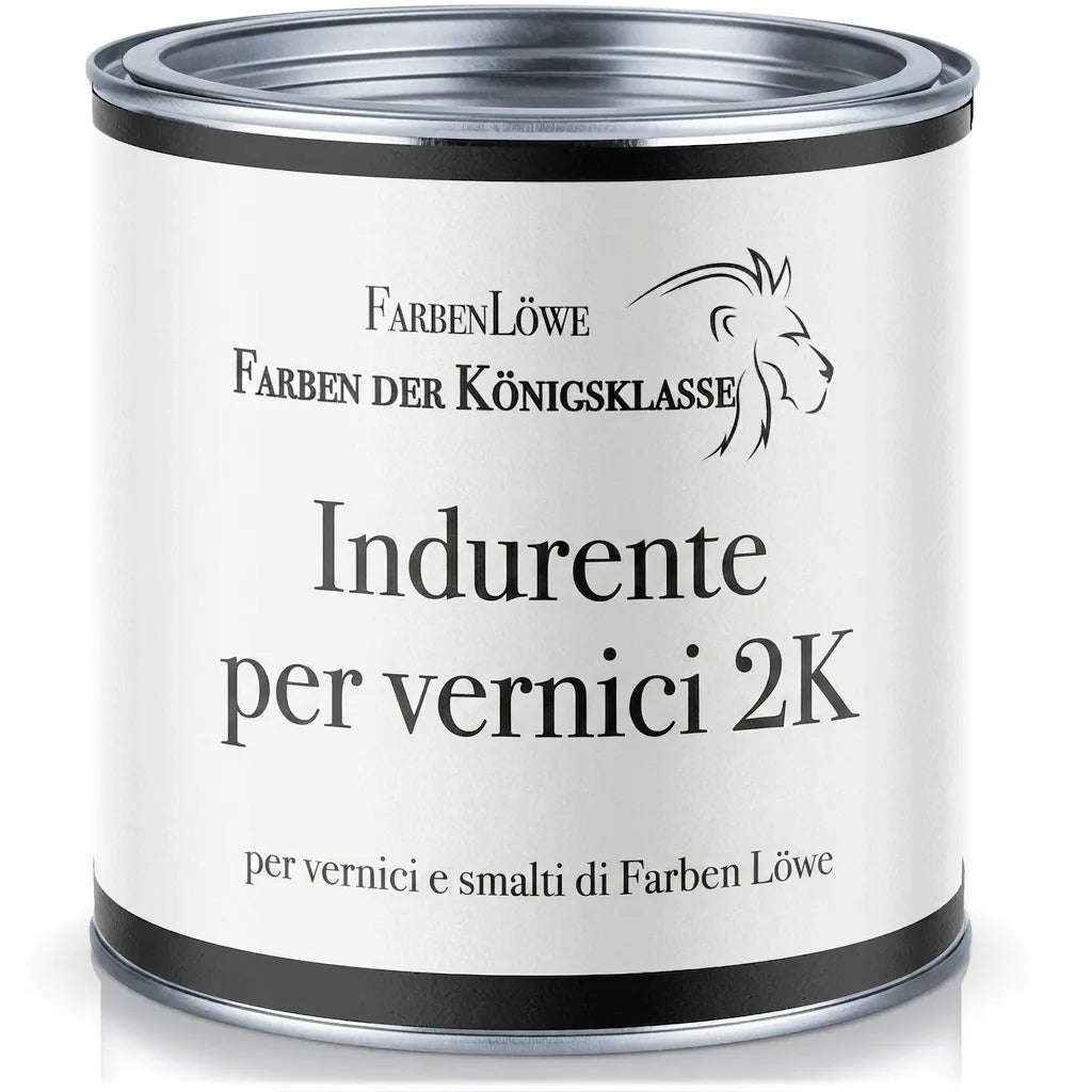 Indurente per lacche bicomponenti FarbenLöwe. Barattolo bianco con testo nero e logo leone.