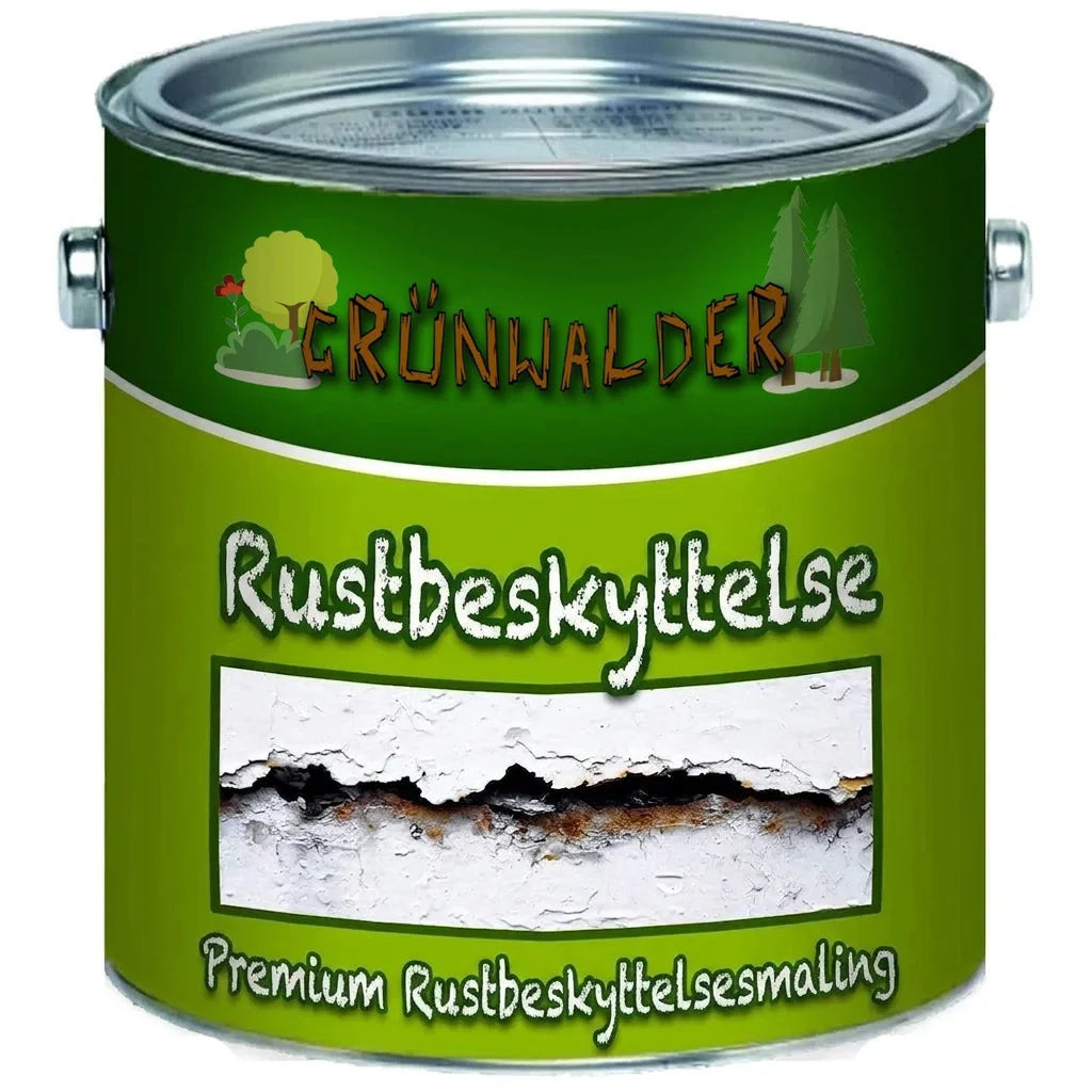 Grøn malerbøtte med Grünwalder Premium rustbeskyttelsesmaling og billede af rusten metaloverflade.