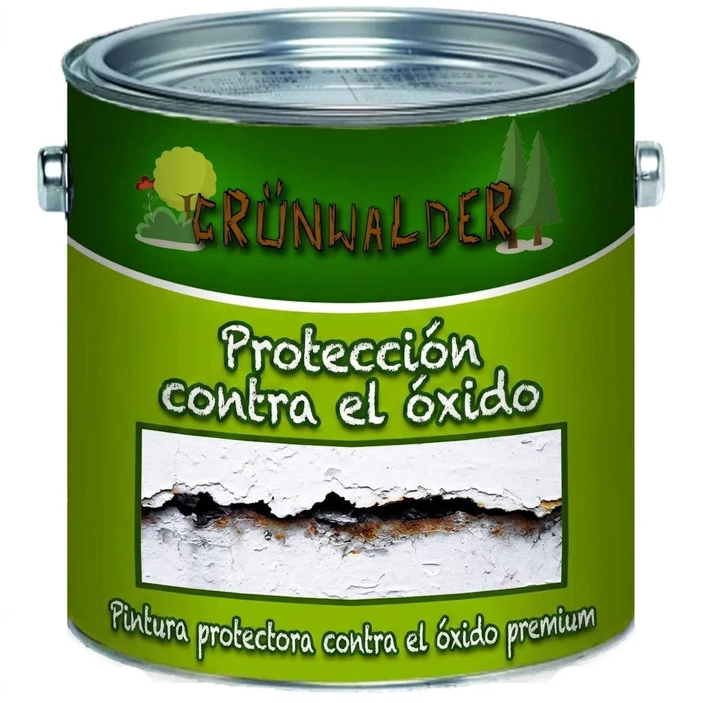 Lata de pintura verde Grünwalder, pintura premium antioxidante. Muestra superficie con óxido y pintura descascarada.