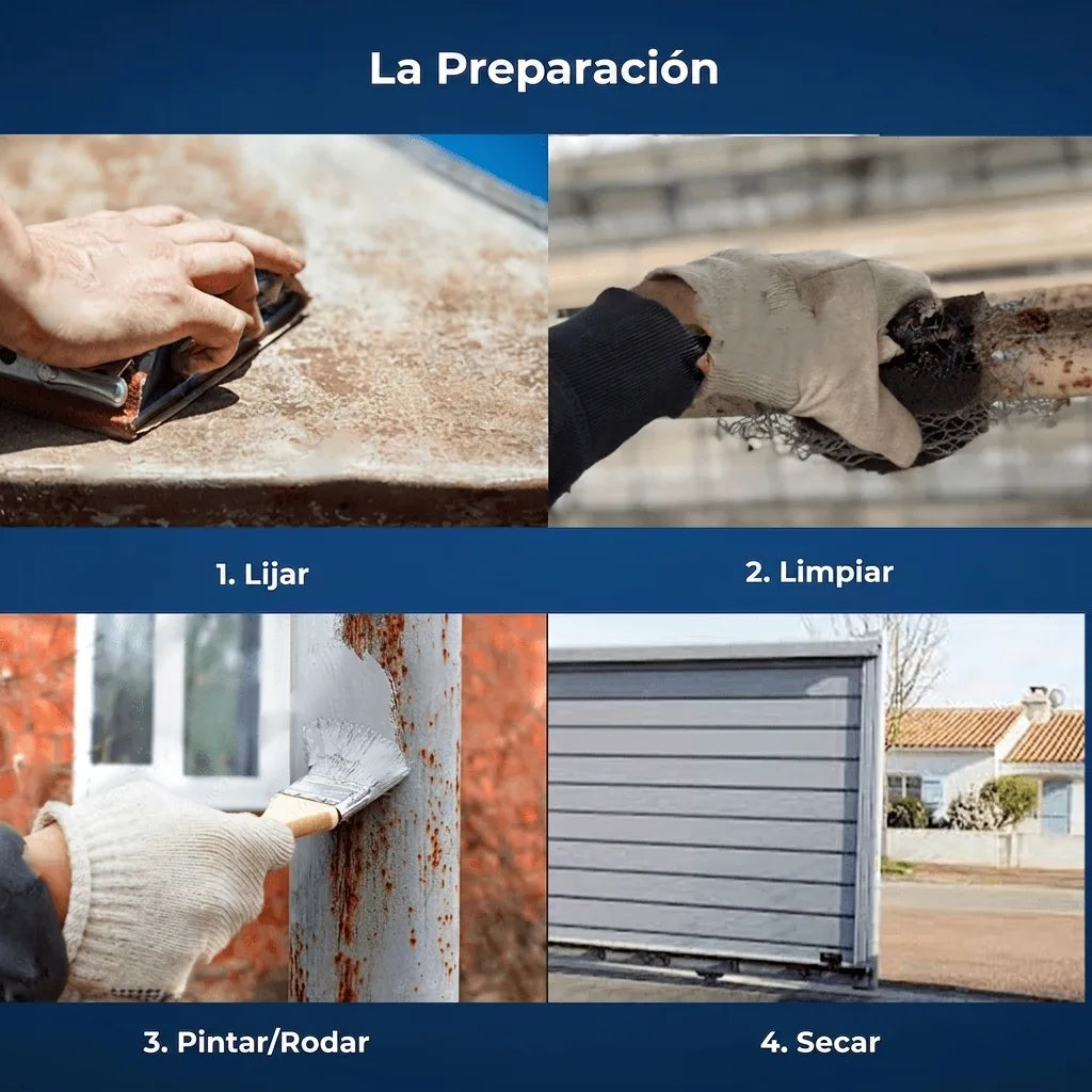 Pasos de preparación de superficies: lijado, limpieza, aplicación de pintura o rodillo, y secado.