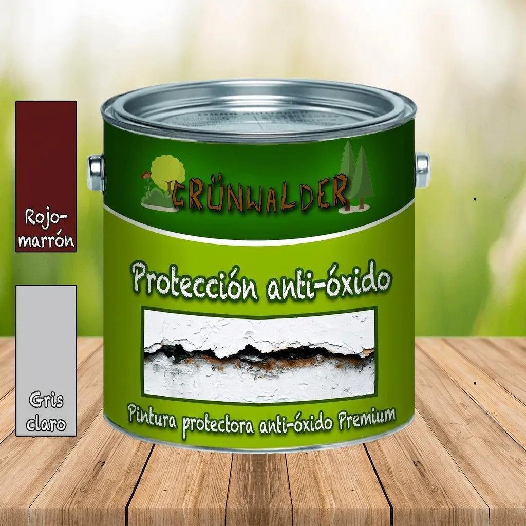 Lata de pintura protectora contra el óxido Grünwalder con muestras de color marrón rojizo y gris claro.